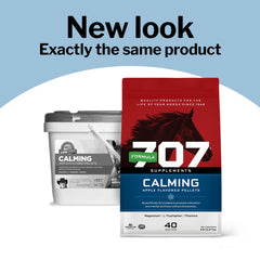 Formula 707 Calming Equine 5lb bag back shows label and usage guidance for riders.