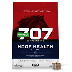 Formula 707 Hoof Health pellet bag shows complete hoof support for healthy hooves.