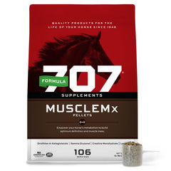 Formula 707 MuscleMx bottle label close-up for reliable muscle support in horses.