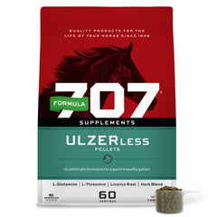Formula 707 ULZERless bottle front with gut support messaging for horses