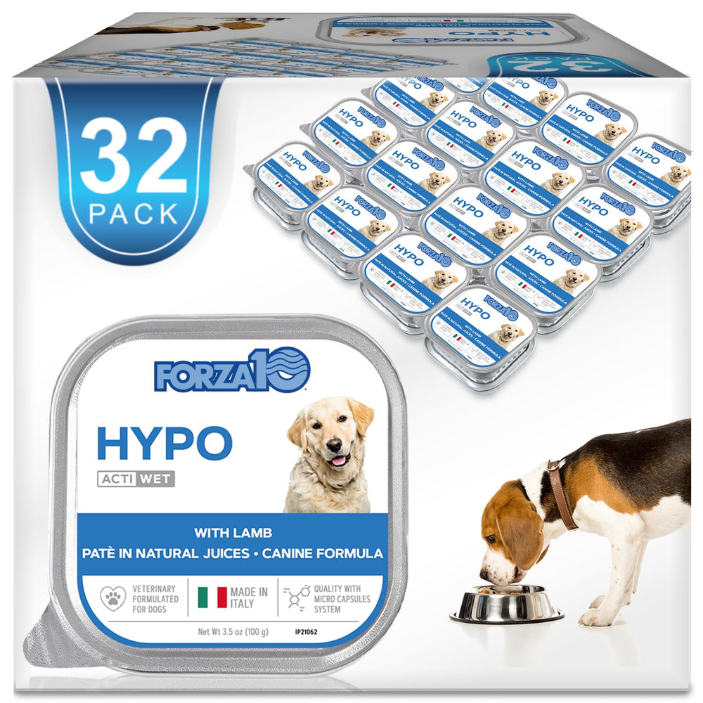 Forza10 wet dog food lamb can closeup, protein-rich for allergy-prone dogs.