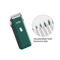 Founouly AP005 green clipper charging port highlighting cordless rechargeable convenience.