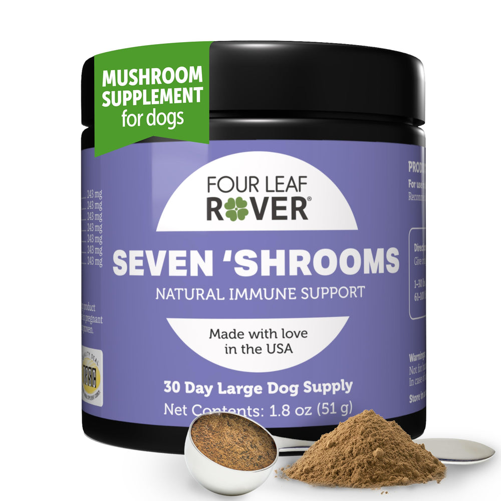 Four Leaf Rover Seven Shrooms bottle-front highlights a natural dog immune-support supplement.