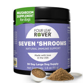 Four Leaf Rover Seven Shrooms bottle-front highlights a natural dog immune-support supplement.