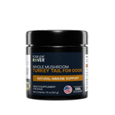 Four Leaf Rover Turkey Tail powder bottle blends easily into dog meals for daily immune-support potential.