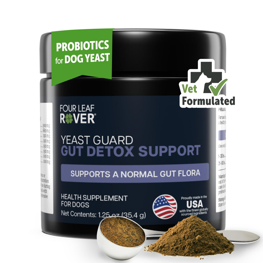 Four Leaf Rover Yeast Guard bottle shows vet-formulated care for dog's skin and ears.