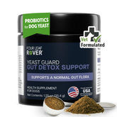 Four Leaf Rover Yeast Guard bottle shows vet-formulated care for dog's skin and ears.