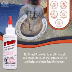 Four Oaks No Thrush powder dusting hoof grooves for hoof health.