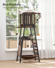 FourFurPets cat tree offers hanging toys to spark interactive play.