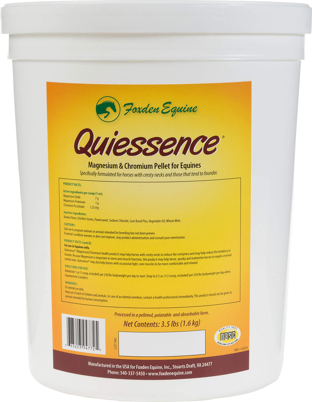 Foxden Equine Quiessence powder bag shown for easy mixing into daily feed and routine supplementation