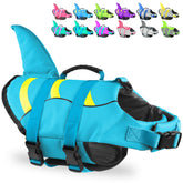 Fragralley Shark Dog Life Jacket closeup showing buoyant foam and vibrant trim for visibility.