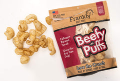 Frankly Venison Beefy Puffs closeup emphasizing chewy texture and venison flavor for rewarding pets.