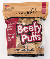 Frankly Venison Beefy Puffs packaging showcasing USA-made, collagen-packed snack for pets.