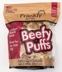 Frankly Venison Beefy Puffs packaging showcasing USA-made, collagen-packed snack for pets.
