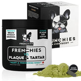 Frenchies vs Everybody dog teeth powder bottle shows easy sprinkle-on use for daily oral care.