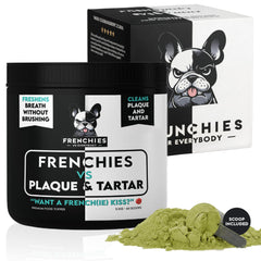 Frenchies vs Everybody dog teeth powder bottle shows easy sprinkle-on use for daily oral care.