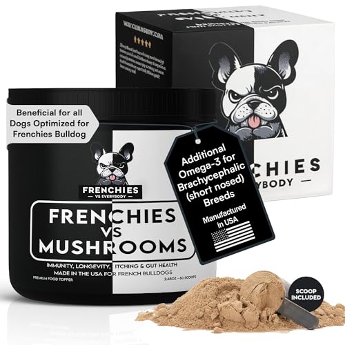 Frenchies vs Everybody turkey-tail mushroom powder on dog meal for immune support.