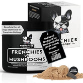 Frenchies vs Everybody turkey-tail mushroom powder on dog meal for immune support.