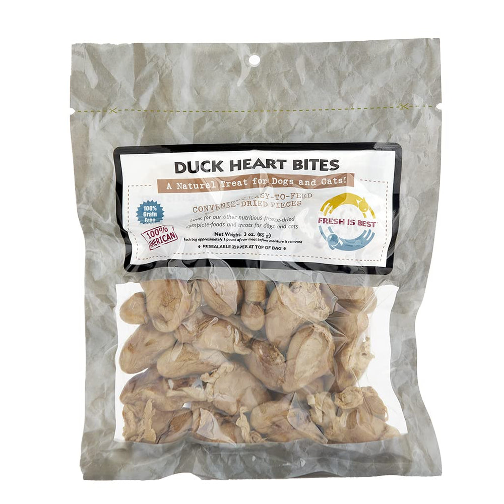 Fresh Is Best Duck Hearts 3oz bag on shelf, healthy training snack option