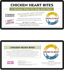 Fresh Is Best single-ingredient chicken hearts in resealable bag for easy snacking.