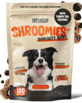 FreshCap Shroomies bottle pour showing a premium dog supplement for daily immune support
