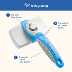 Freshly Bailey brush button action shows hair retracting for quick, clean storage
