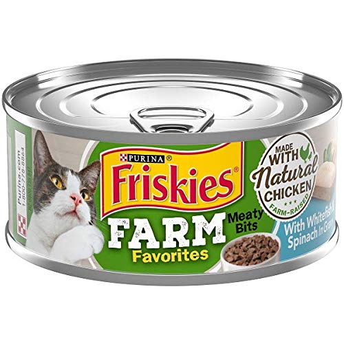 Friskies Farm Favorites meaty-bits-chicken can close-up highlighting protein-rich cat food option.