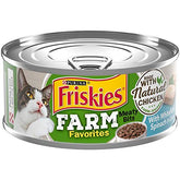 Friskies Farm Favorites meaty-bits-chicken can close-up highlighting protein-rich cat food option.