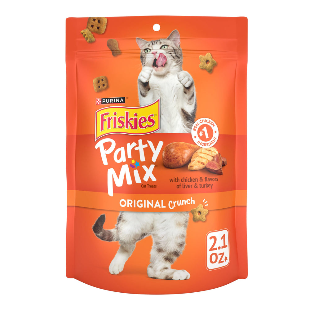 Purina Friskies Party Mix Original Crunch, bolsa de 2.1 oz para premiar al gato.
