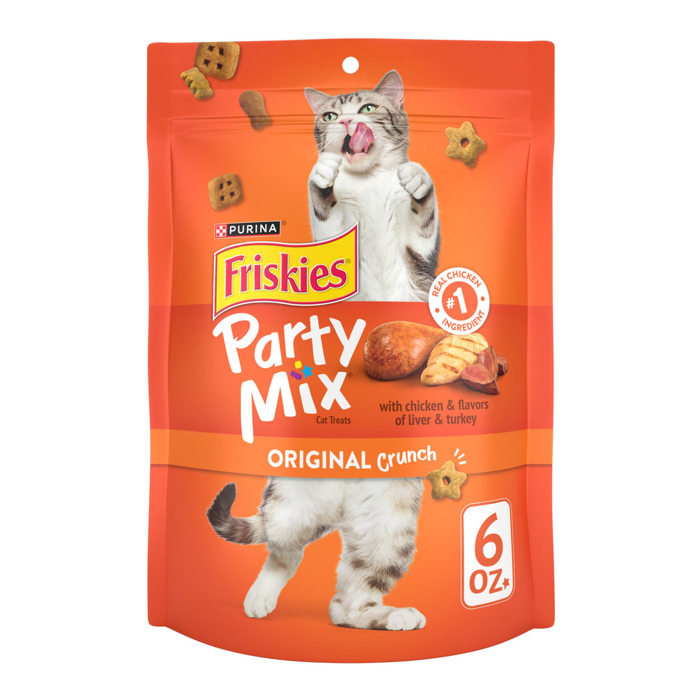Friskies Party Mix Original Crunch chicken-first ingredient in a cat treat bowl for rewarding snacking