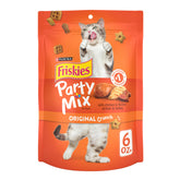 Friskies Party Mix Original Crunch chicken-first ingredient in a cat treat bowl for rewarding snacking