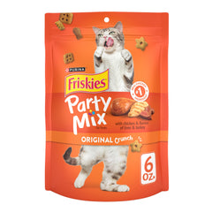 Friskies Party Mix Original Crunch chicken-first ingredient in a cat treat bowl for rewarding snacking
