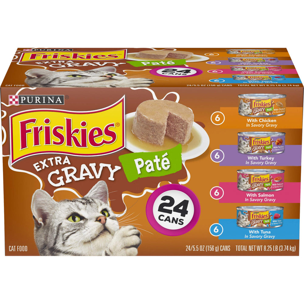 Friskies pate variety pack cans show four flavors for feline variety and convenience.