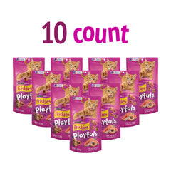 Friskies Playfuls crunchy texture cat treat highlighting exciting crunch during snack time.