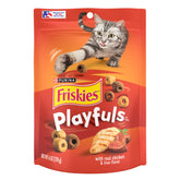 Friskies Playfuls chicken-liver treats front-pack enhances playtime bonding.