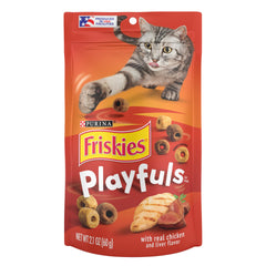 Friskies Playfuls cat treats with chicken and liver shape encourage tossing and pouncing during playtime.
