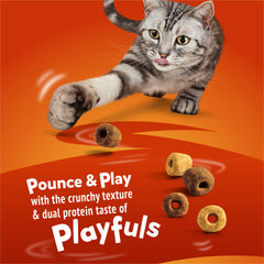 Friskies Playfuls crunchy texture engages cats during treat time.