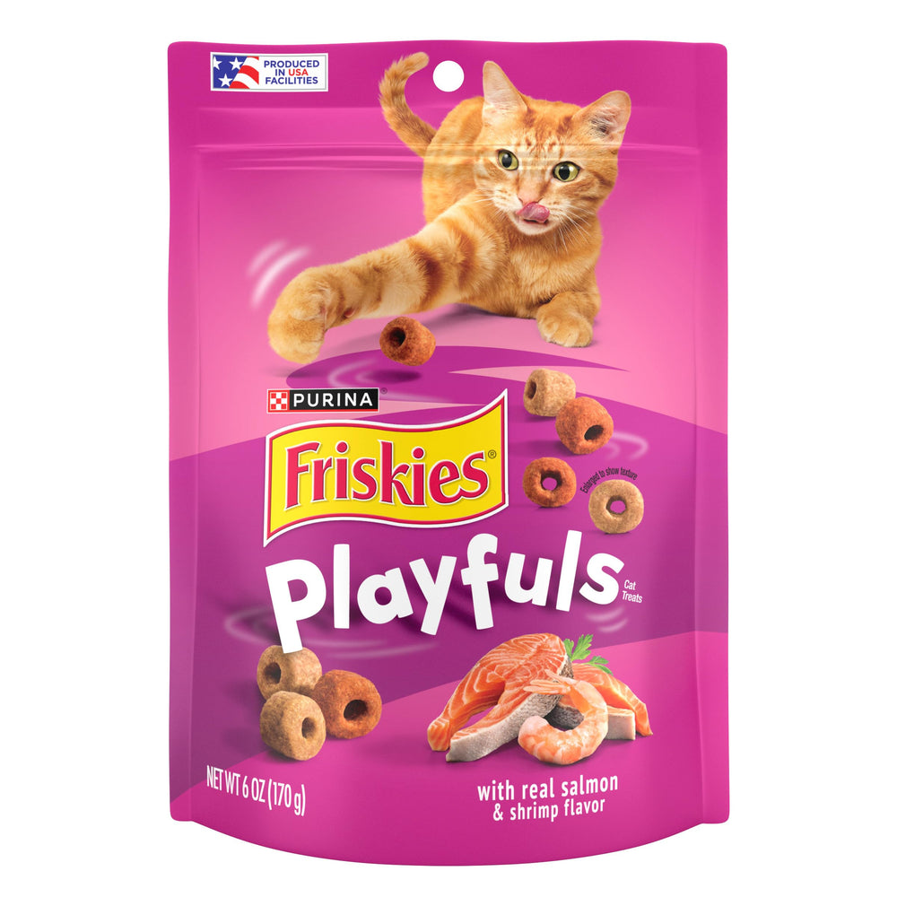 Friskies Playfuls salmon-shrimp pack demonstrates dual-protein flavor for cats.