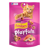 Friskies Playfuls salmon-shrimp pack demonstrates dual-protein flavor for cats.