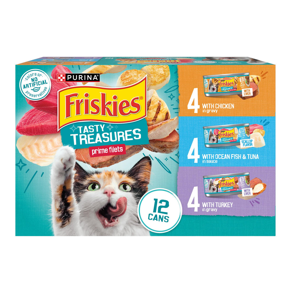 Friskies Tasty Treasures Prime Filets variety pack served in a bowl showing moisture-rich meals