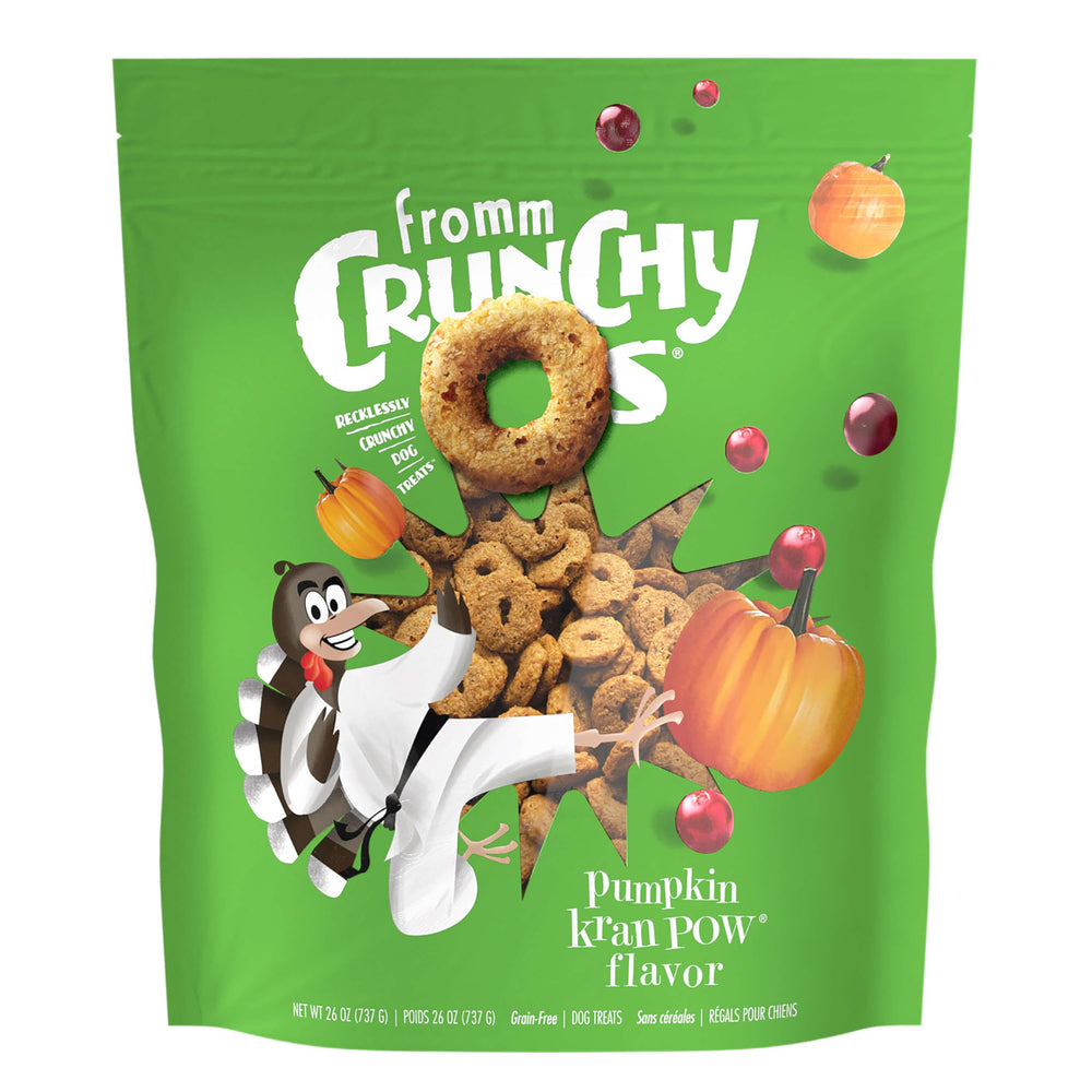 Fromm Crunchy Os Pumpkin Kran Pow bag shows wholesome turkey-based snack ideal for training rewards