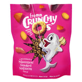 Fromm Crunchy Os Slammon' smoked salmon dog treats bag closeup highlights savory aroma for rewarding train sessions.
