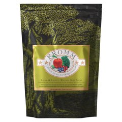 Fromm Four-Star Lamb & Lentil dog food bag shows premium nutrition for all life stages.