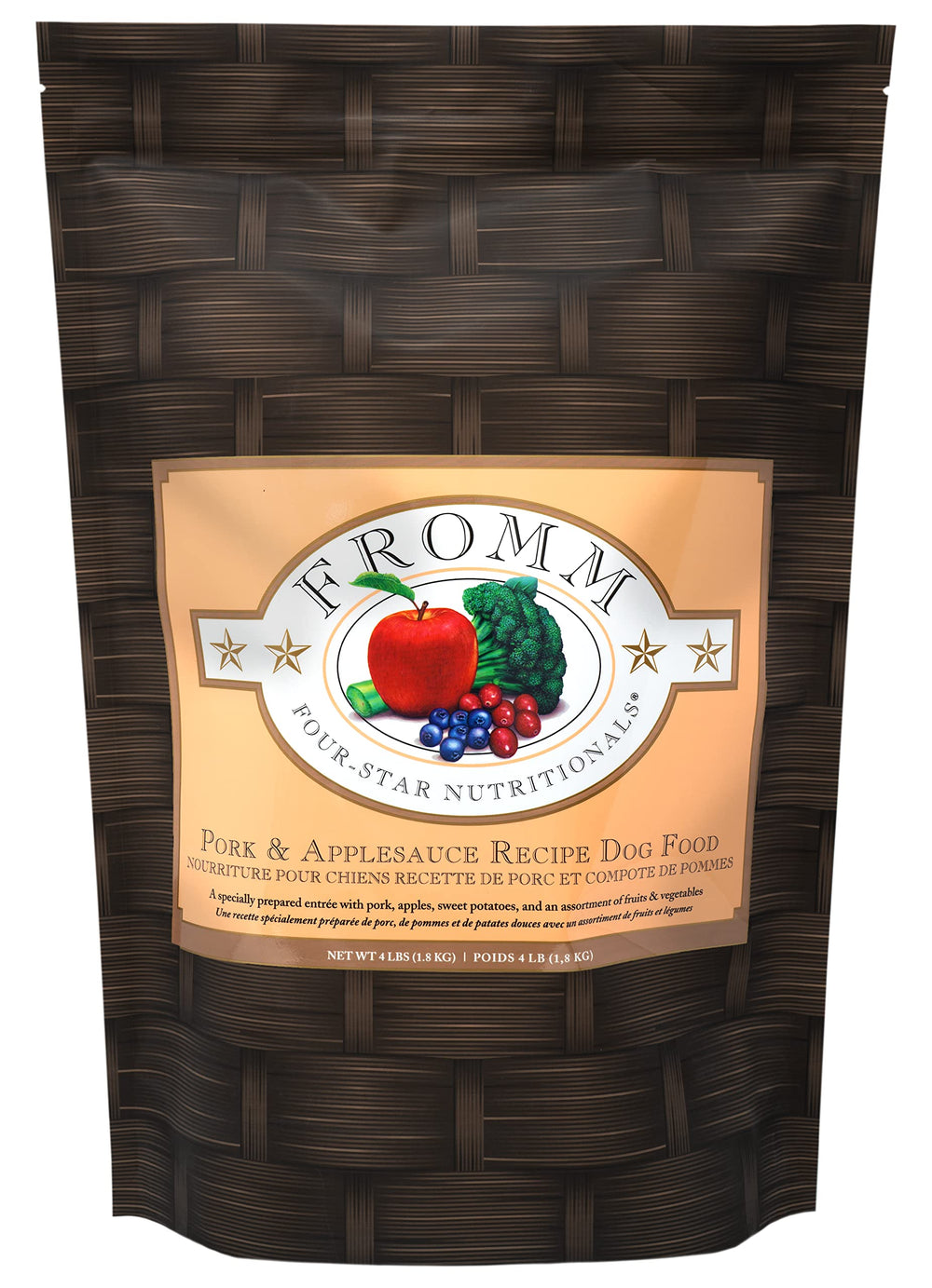 Fromm Four-Star Pork & Applesauce dry dog food bag showcasing premium pork for balanced meals