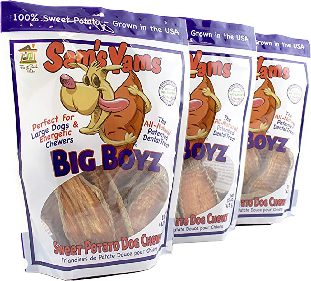 Front Porch Pets Sams Yams Big Boyz 3-pack packaging shows convenient resealable bags for fresh treats.