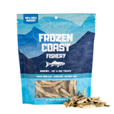 Frozen Coast Fishery minnow treats bag close-up showing crunchy texture and high-protein nutrition