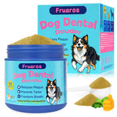 Fruaros dog dental powder packaging closeup highlighting GMP safety and quality