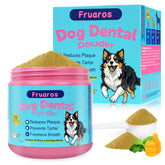 Fruaros dog teeth cleaning powder bottle pour demonstrates easy daily dosing for dental care.