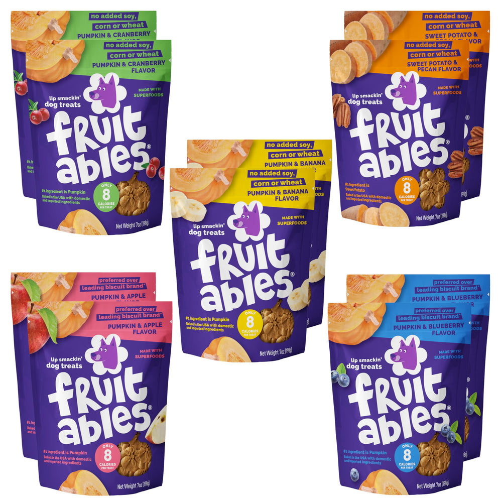 Fruitables Baked Pumpkin Dog Treats pack with ten pouches for easy training rewards.