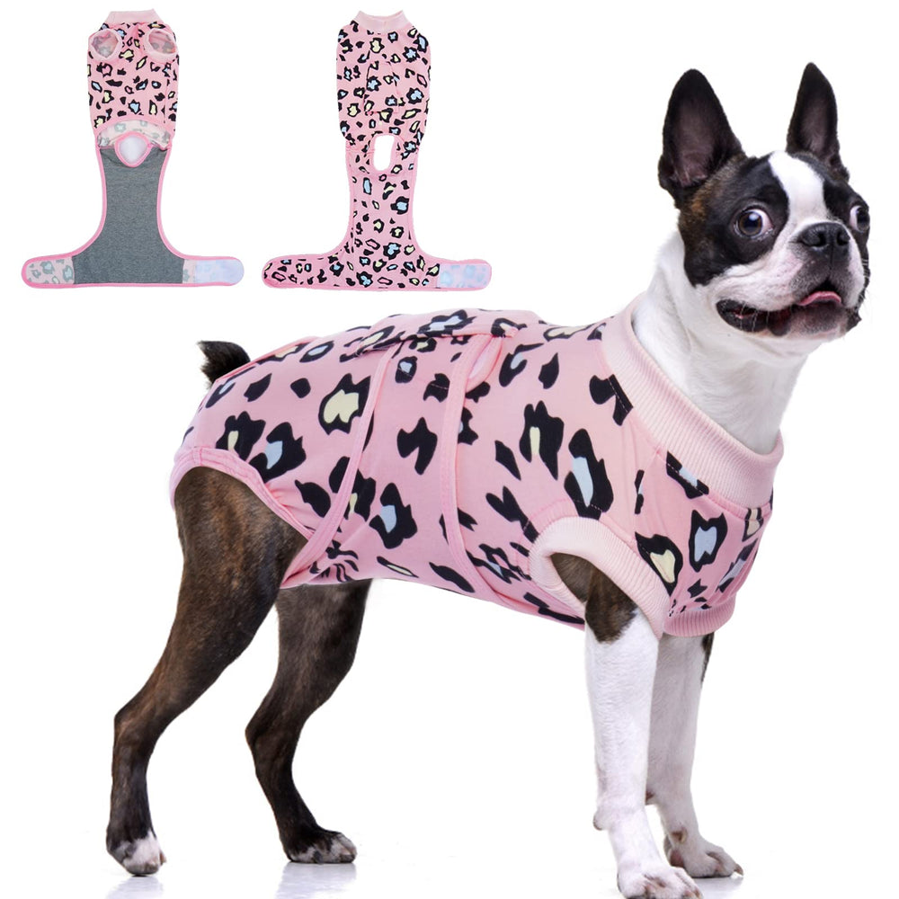 FUAMEY dog recovery suit pink leopard back view provides post-surgery protection